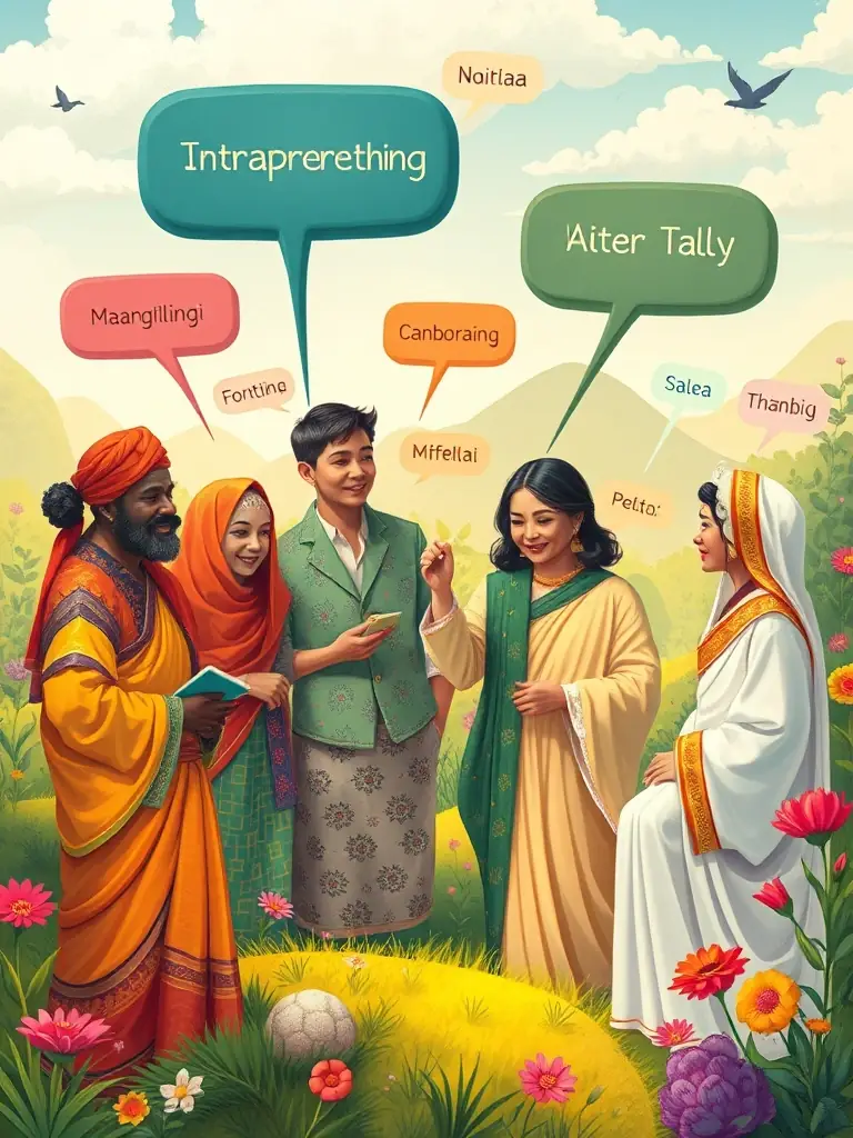 An illustration of a diverse group of people communicating seamlessly through HIERO SOLUTION's interpreting services, highlighting global connectivity.