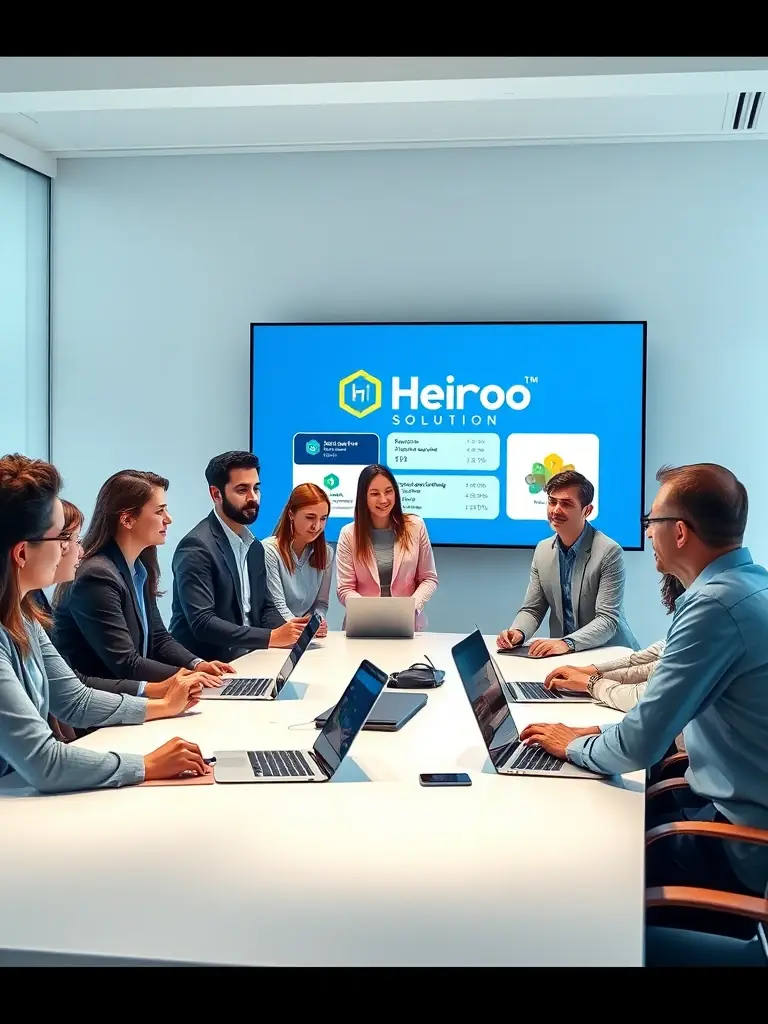 A diverse team of linguists and IT specialists collaborating on the Hiero Solution platform, highlighting the expertise behind the service.