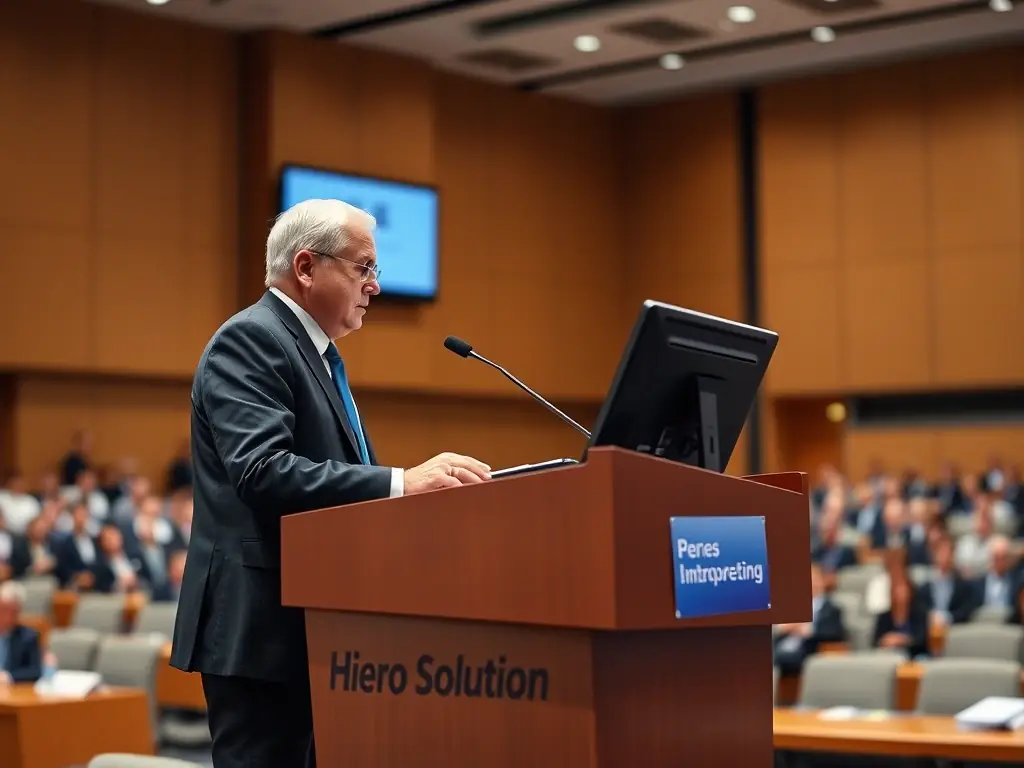 A public institution representative using Hiero Solution's interpreting services during an international conference, showcasing the platform's versatility.