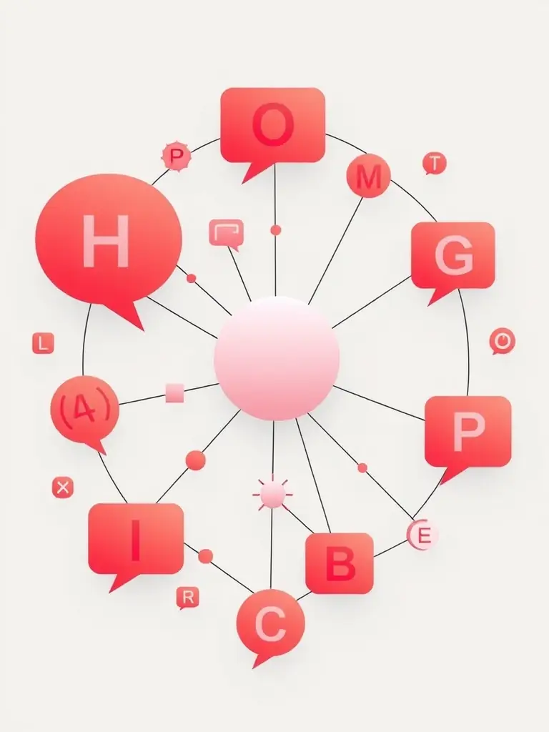 An abstract graphic showing interconnected nodes and language symbols, illustrating the efficiency and seamless integration of HIERO SOLUTION's platform.