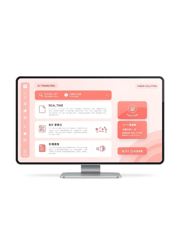 A professional graphic depicting a user interface of HIERO SOLUTION's AI-powered translation software, showcasing its key features and ease of use.