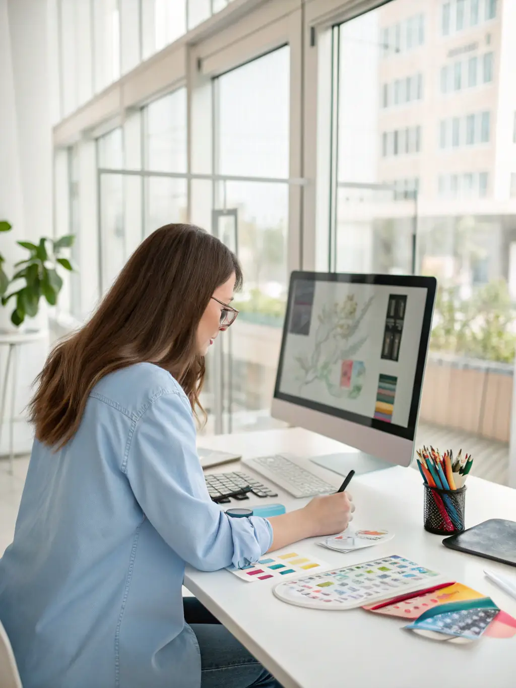 A professional freelance translator working on a laptop, managing multiple translation projects in a clean, organized dashboard, showcasing Hiero Solution's project management capabilities.