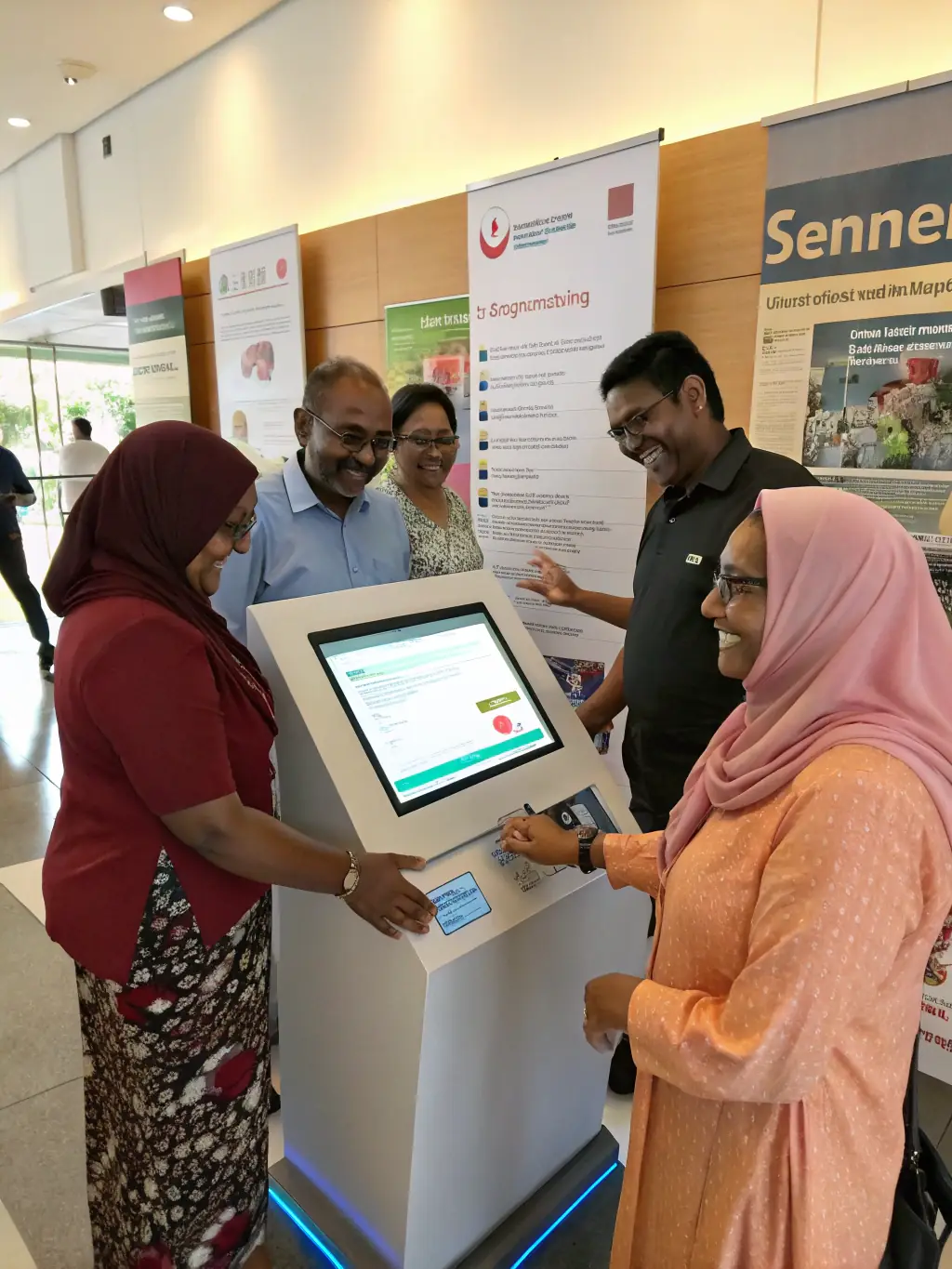 A diverse group of citizens interacting with a government service kiosk, showcasing accessibility for all.