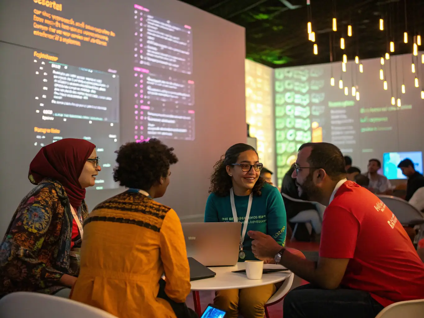 A diverse group of people from different cultural backgrounds interacting seamlessly through HIERO SOLUTION's multilingual support platform.