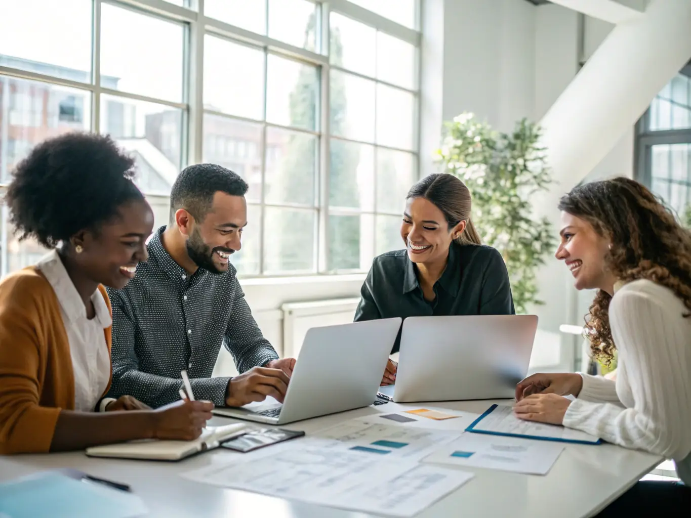 A diverse group of people collaborating on a multilingual project using HIERO SOLUTION's platform, emphasizing the collaborative and user-friendly nature of the service.