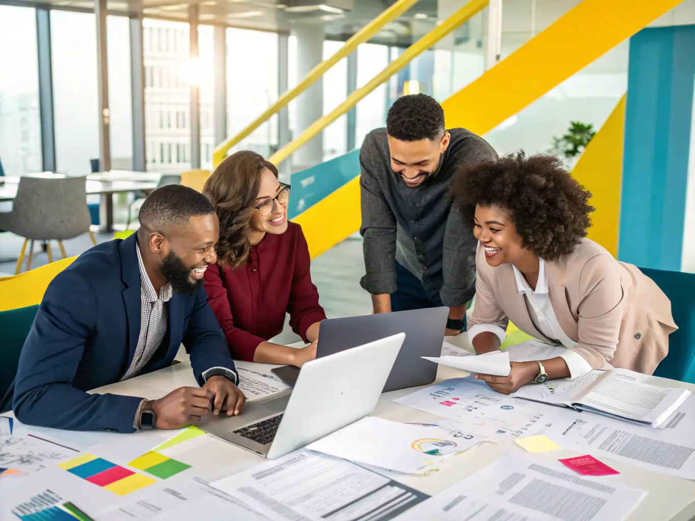 A diverse group of people from different cultural backgrounds collaborating on a project using HIERO SOLUTION's platform. The image should convey a sense of global teamwork and seamless communication, highlighting the platform's ability to bridge language gaps.