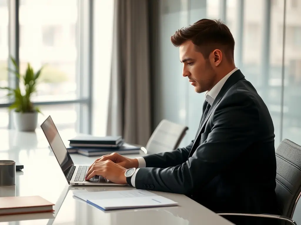 A professional translator working on a document using HIERO SOLUTION's AI-powered translation software, showcasing the speed and accuracy of the service.