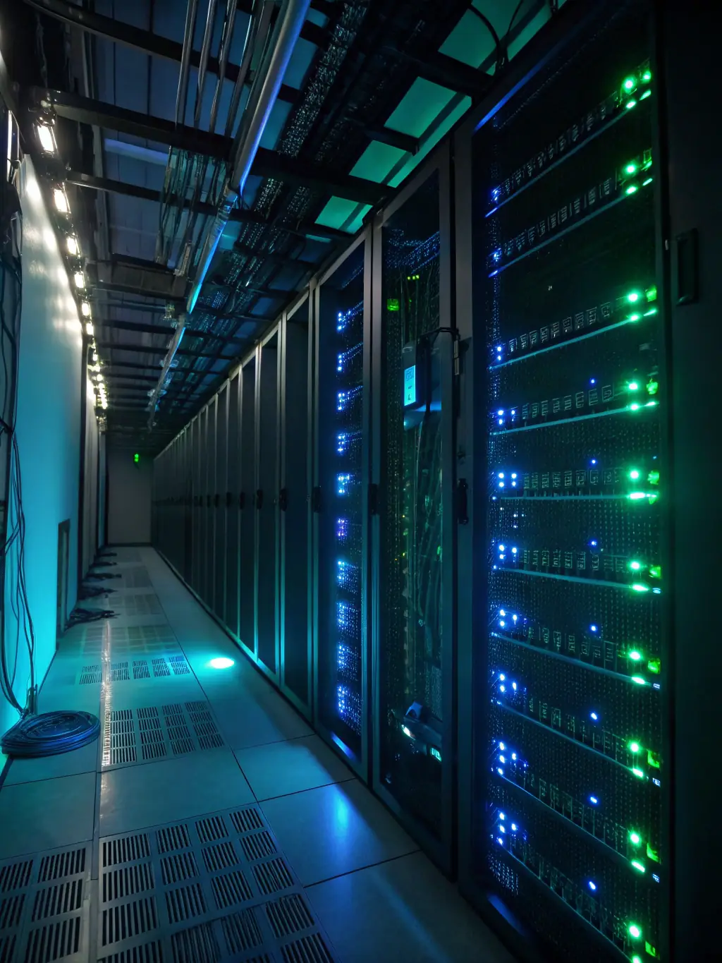 A secure server room with glowing lights and data streams, emphasizing the security and confidentiality of file exchange within Hiero Solution.