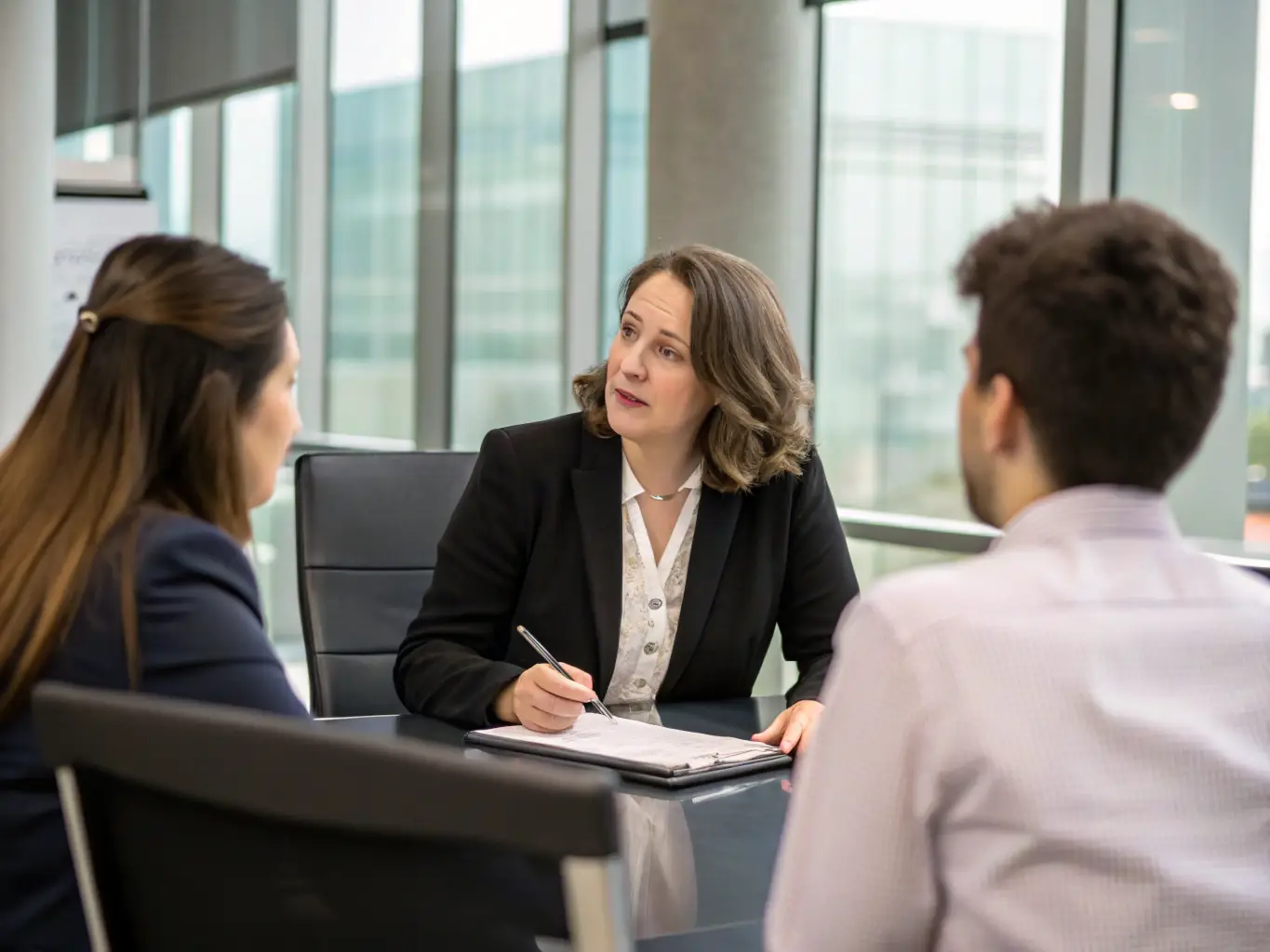 A professional interpreter facilitating a business meeting between two individuals speaking different languages. The setting is a modern office, and the interpreter is using HIERO SOLUTION's platform on a tablet to assist with the interpretation.