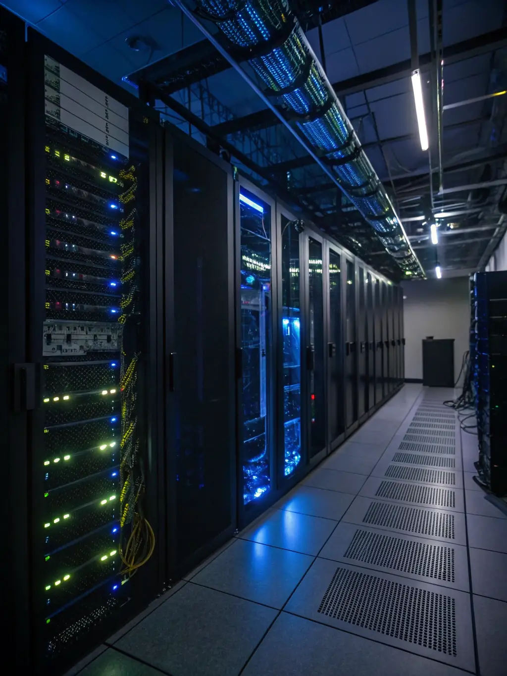 A secure server room with glowing lights, symbolizing the robust security measures of Hiero Solution.