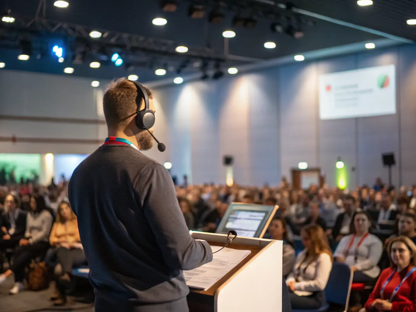 A photo of an interpreter at a conference, facilitating communication between speakers of different languages, emphasizing the human touch in interpreting services.