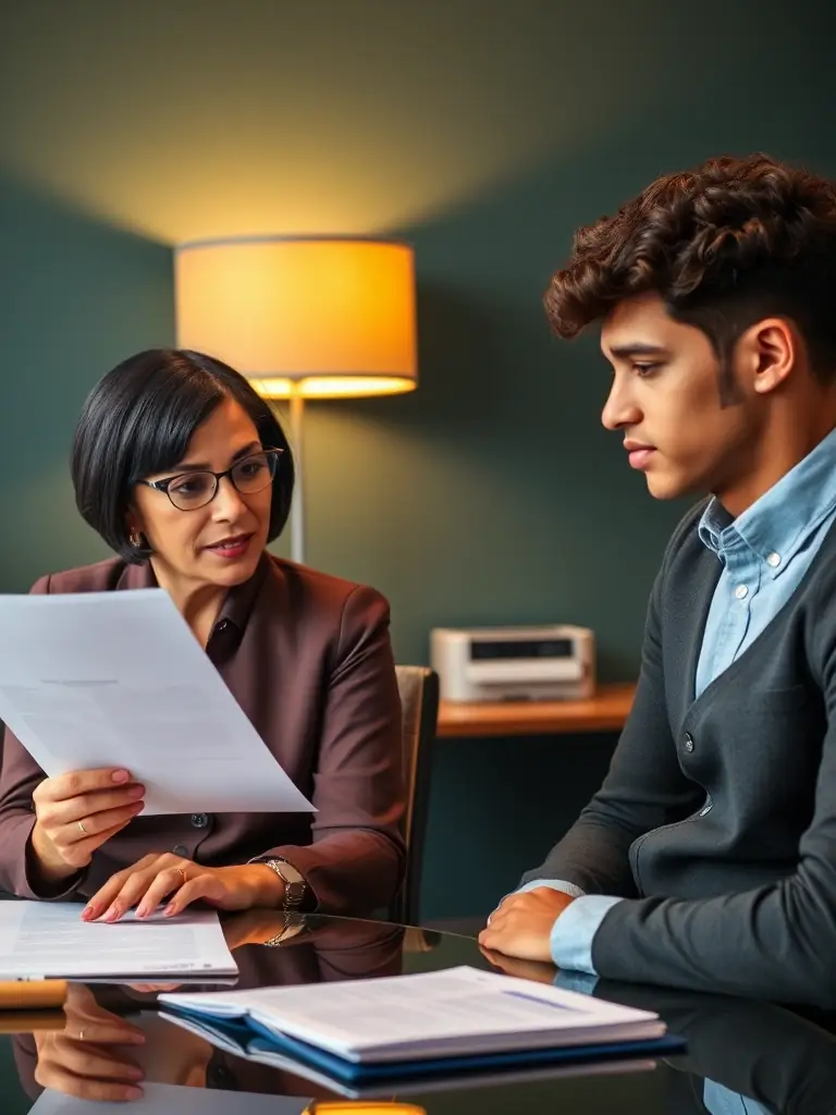 A professional interpreter assisting a client during a visa interview at a consulate, ensuring clear communication and understanding.