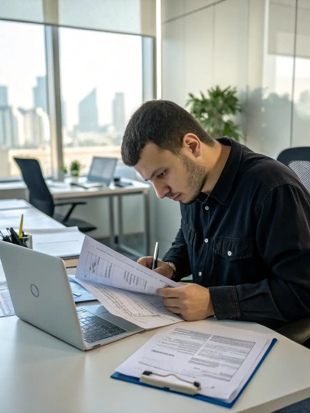 A professional translator working diligently on immigration documents, showcasing the precision and expertise involved in certified translations for immigration files.