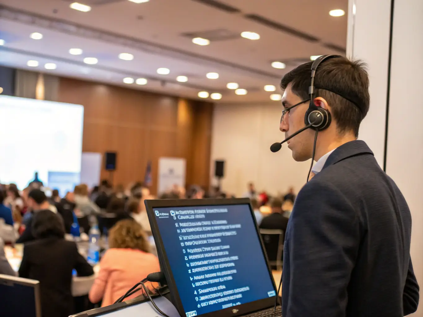 A professional interpreter providing simultaneous interpretation services at an international business conference, using HIERO SOLUTION's platform for seamless communication.