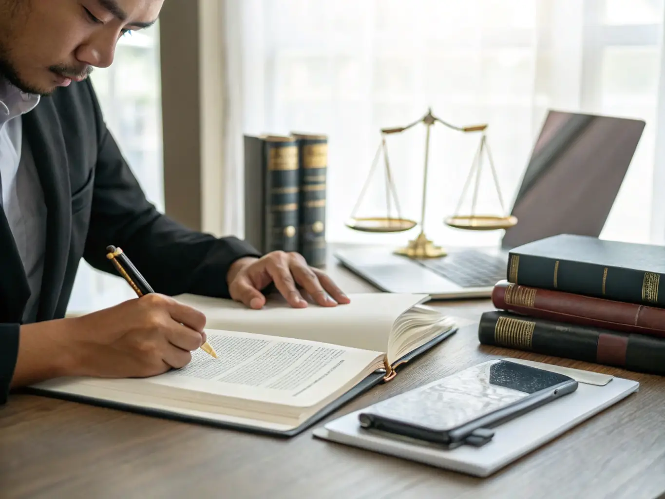 A certified translator working on a legal document using HIERO SOLUTION's secure platform, ensuring accuracy and confidentiality.