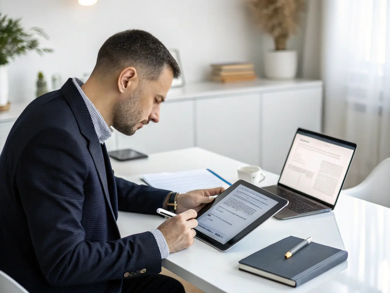 A professional interpreter using Hiero Solution's platform on a tablet, with a clean, modern interface displaying real-time translation.