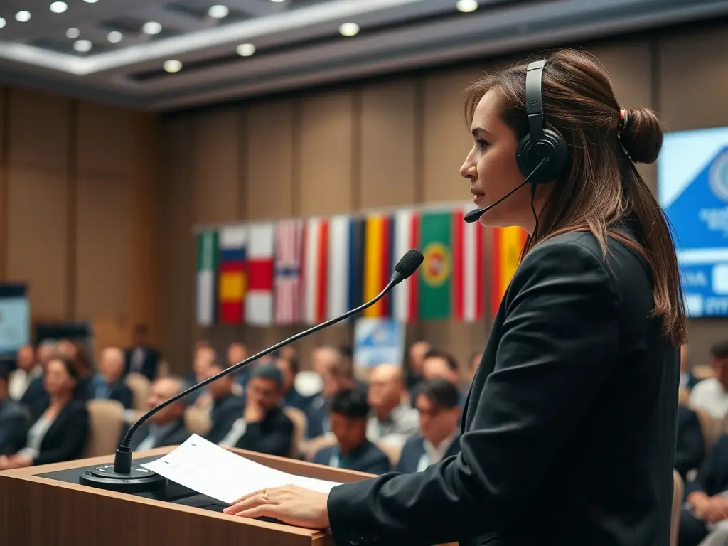 A conference setting with a HIERO SOLUTION interpreter providing simultaneous interpretation services, highlighting the clarity and professionalism of the service.