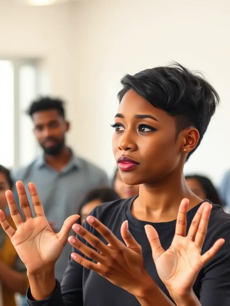 A person using sign language to interpret for a group of people, emphasizing the importance of sign language interpretation.