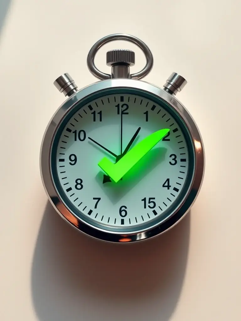 A stopwatch graphic with a checkmark, symbolizing Hiero Solution's fast and reliable interpreting services, available on demand.