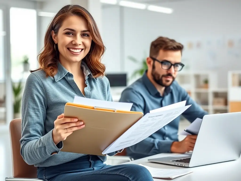 A multilingual administrative assistant helping an international researcher with paperwork, showcasing support for relocation and integration.