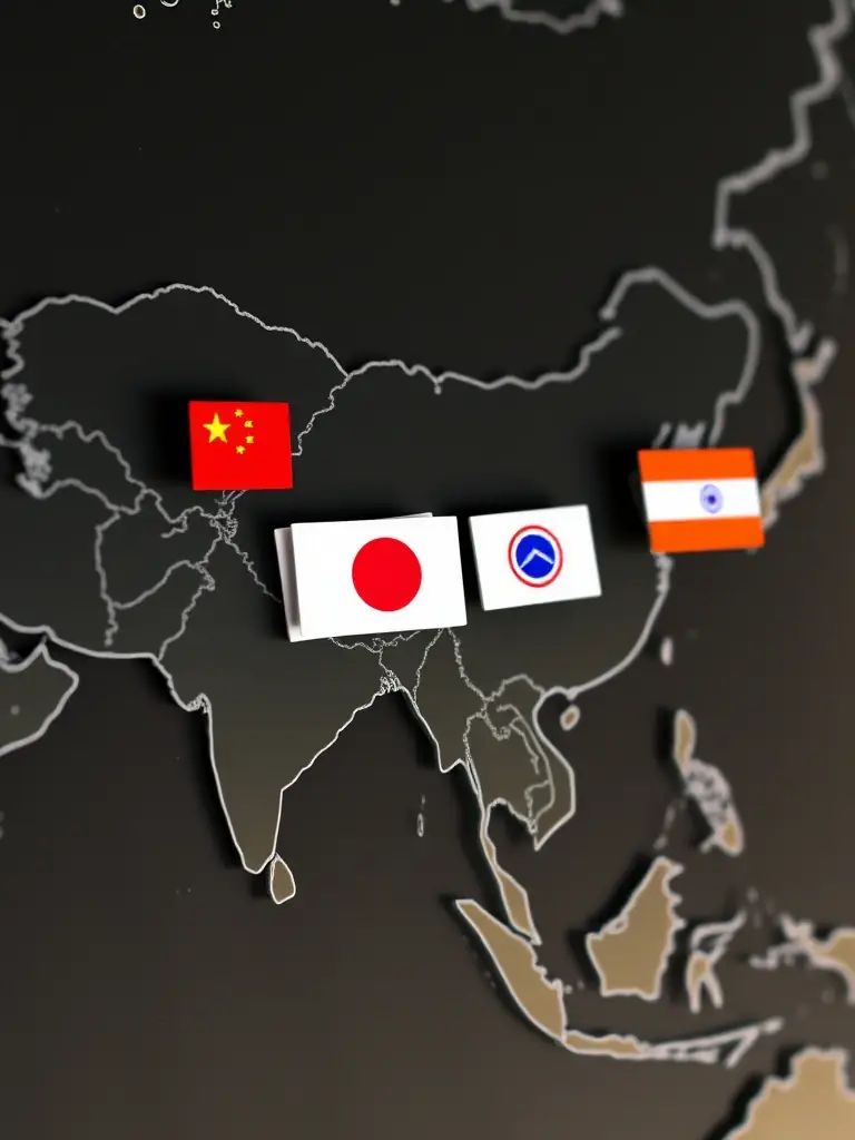A collection of flags from various Asian countries, including China, Japan, Korea, and India, highlighting Hiero Solution's extensive coverage of Asian languages.