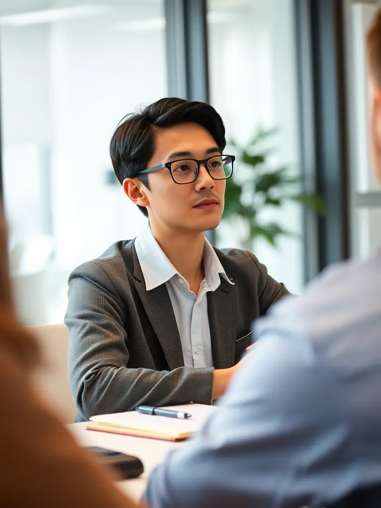 An interpreter taking notes while a speaker pauses, capturing the essence of consecutive interpretation in a business meeting setting.