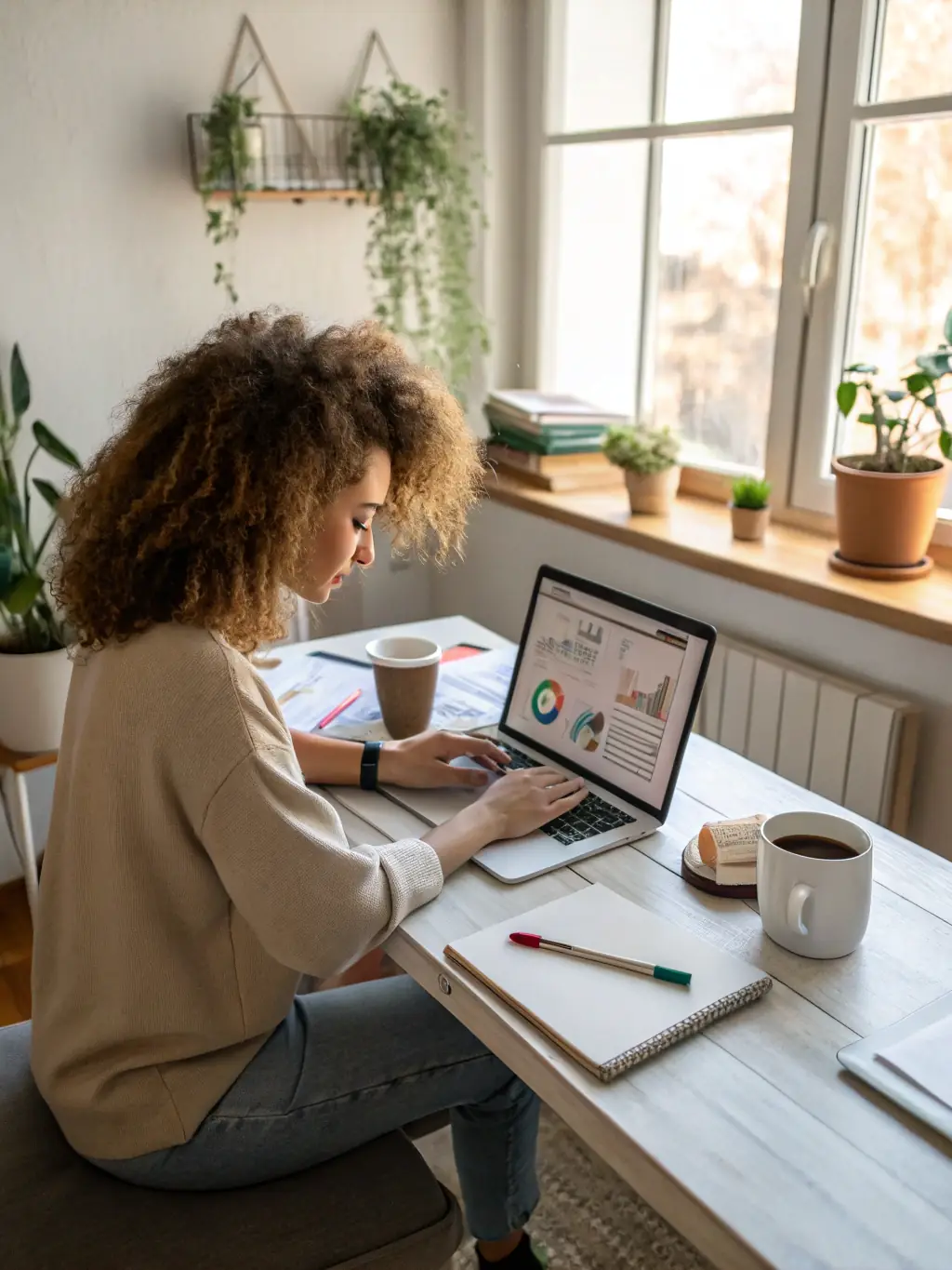 A freelance translator working on a laptop, smiling, with a clean, modern workspace in the background, showcasing the ease of managing projects.