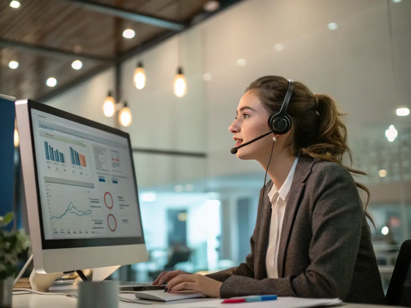 An interpreter wearing a headset, confidently participating in a virtual meeting, with the Hiero Solution platform visible in the background.