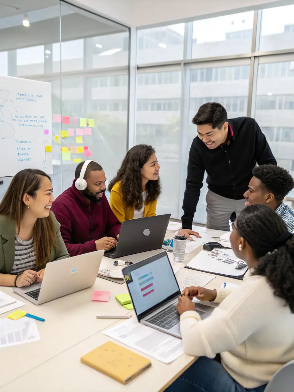 A diverse group of people communicating effectively using Hiero Solution's platform, highlighting the global reach and accessibility of the services.