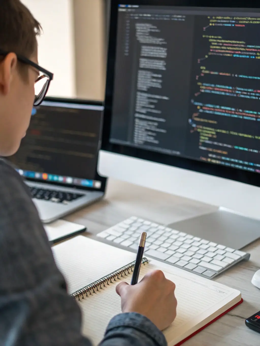A close-up shot of a software engineer writing code with a translation interface visible in the background, emphasizing the integration of AI and linguistic expertise in Hiero Solution's platform.