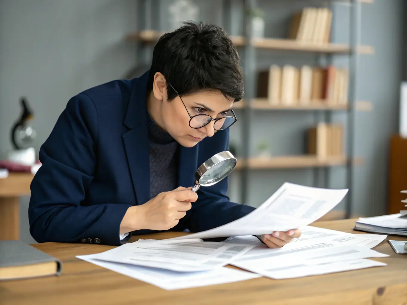 An image showing a translator meticulously reviewing a document with a magnifying glass, highlighting the quality assurance processes integrated into the HIERO SOLUTION platform.
