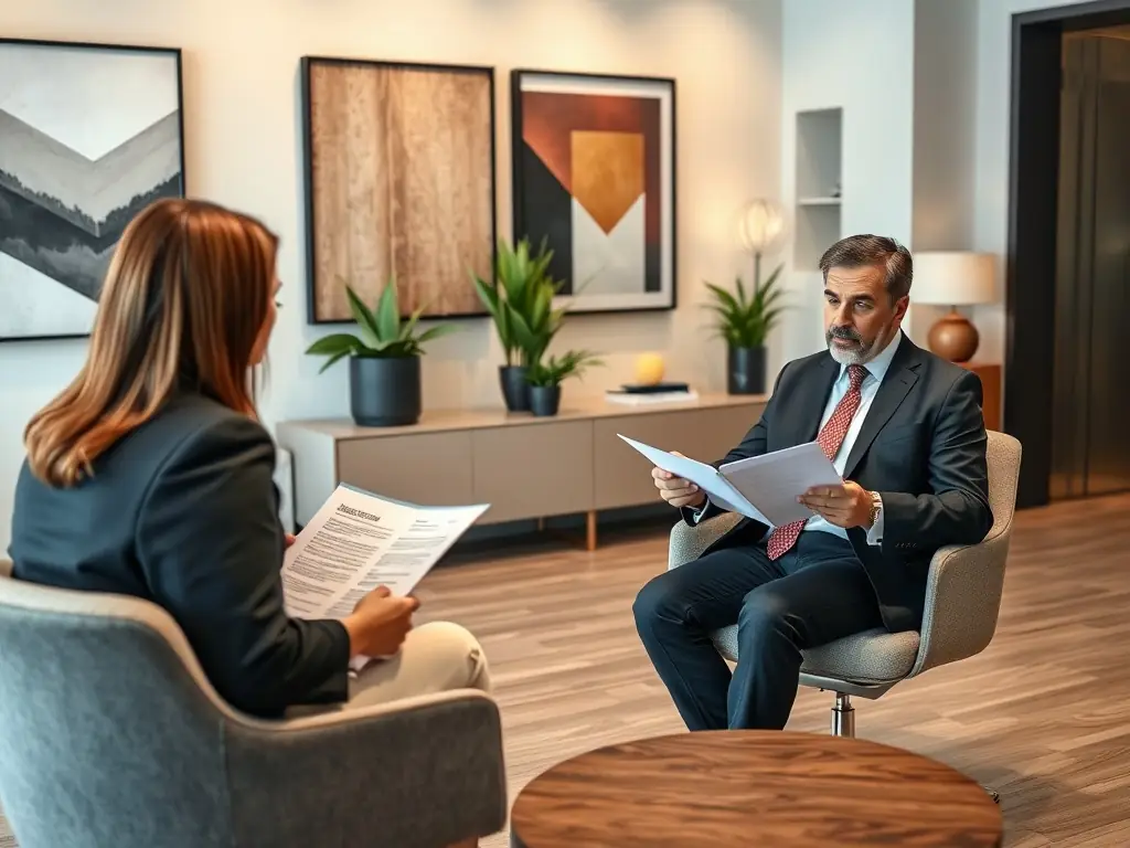 A lawyer is advising an expatriate on legal matters, emphasizing the legal support benefit.