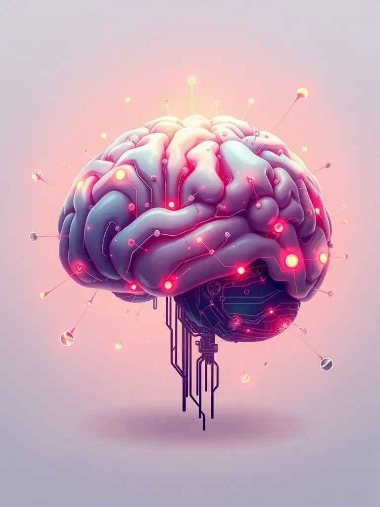 An AI brain icon with speech bubbles emanating from it, illustrating Hiero Solution's intelligent features and AI-powered assistance for interpreters.