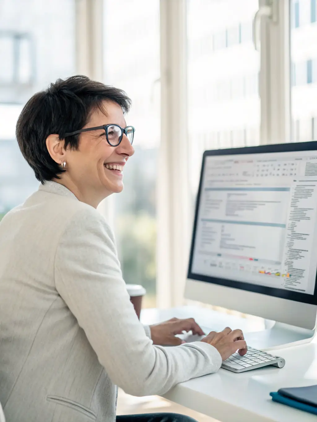 A professional translator working on a document using Hiero Solution's AI-powered translation tools, showcasing the efficiency and accuracy of the service.