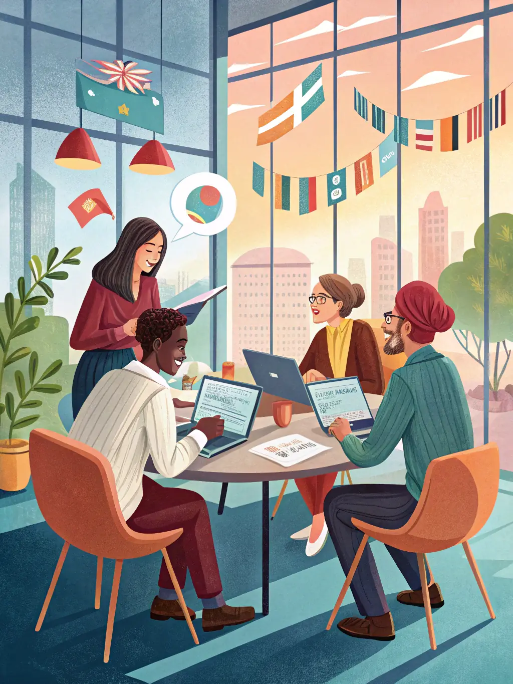 A diverse team of linguists, software engineers, and project managers collaborating around a large interactive whiteboard filled with diagrams and notes, showcasing the interdisciplinary nature of Hiero Solution's R&D process.