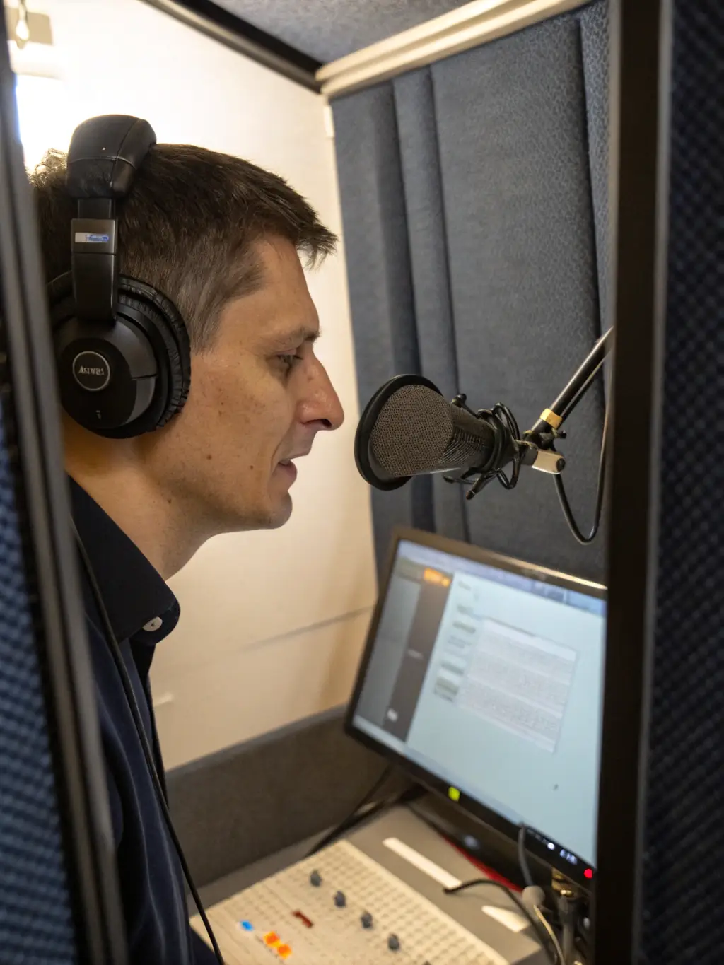A professional interpreter wearing headphones and speaking into a microphone in a soundproof booth during a live conference, focusing on simultaneous interpretation.