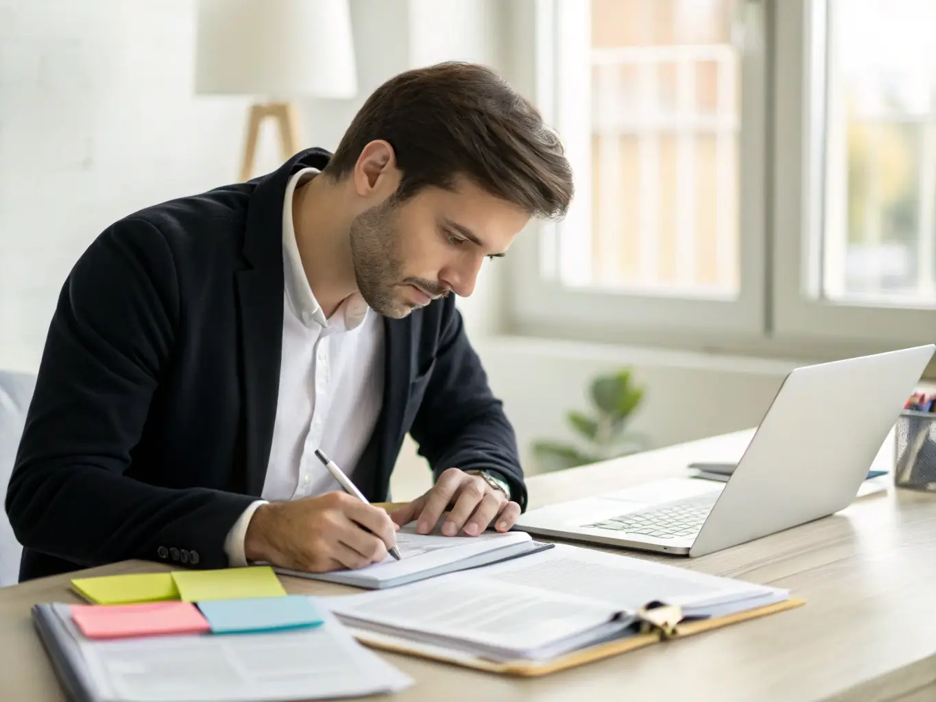 A certified translator is working on translating documents for an expatriate, highlighting certified translation services.