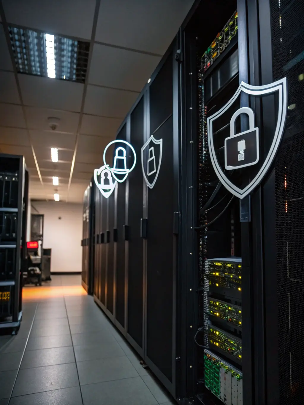 A secure data server with a lock icon, representing the secure and confidential handling of sensitive documents during translation.