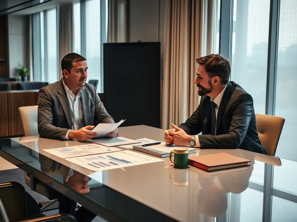 A professional expatriate is reviewing documents with a Hiero Solution representative, showcasing international mobility assistance.
